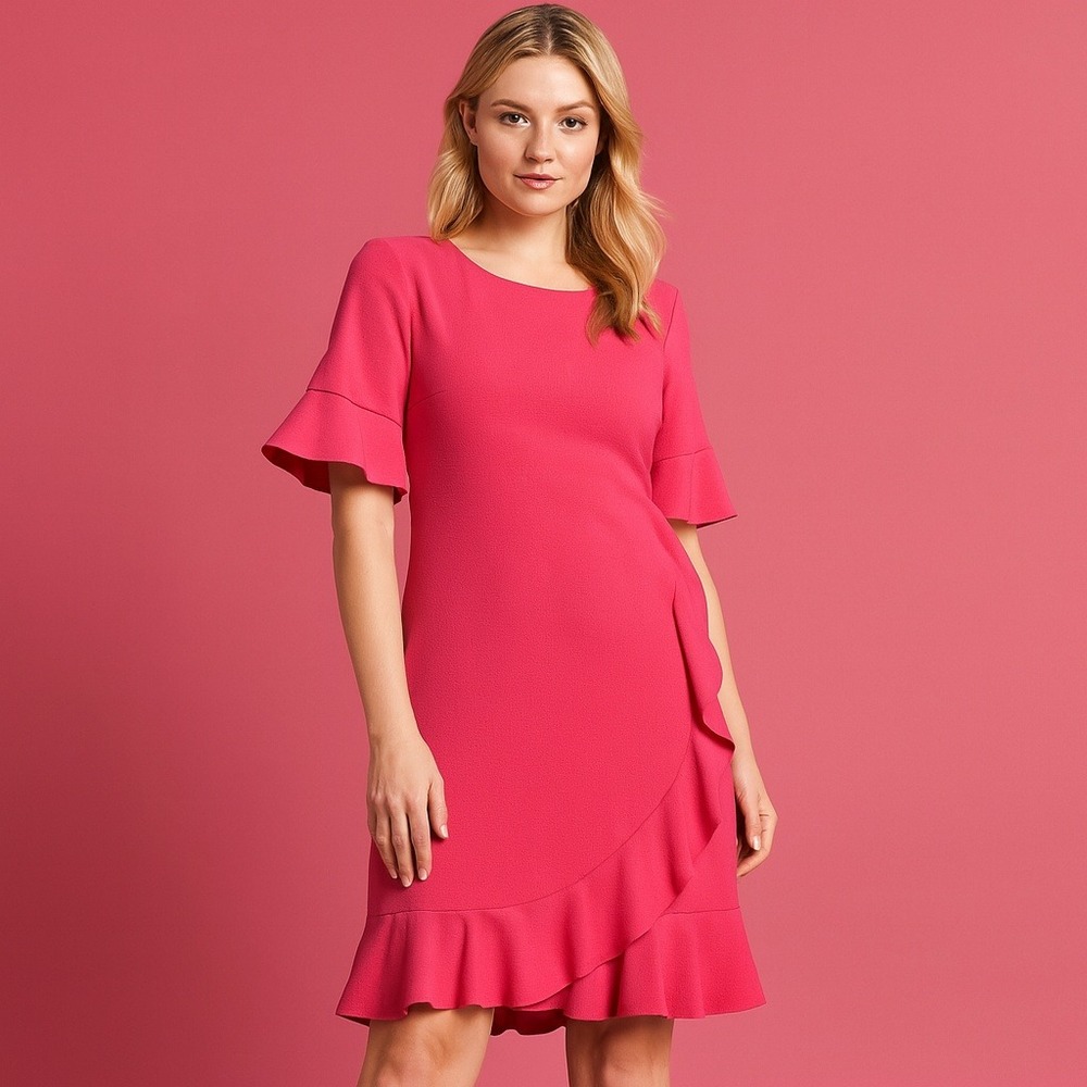 Karl Lagerfeld Paris Pink Ruffle Hem Dress Size 10 Flutter Sleeve Fit & Flare